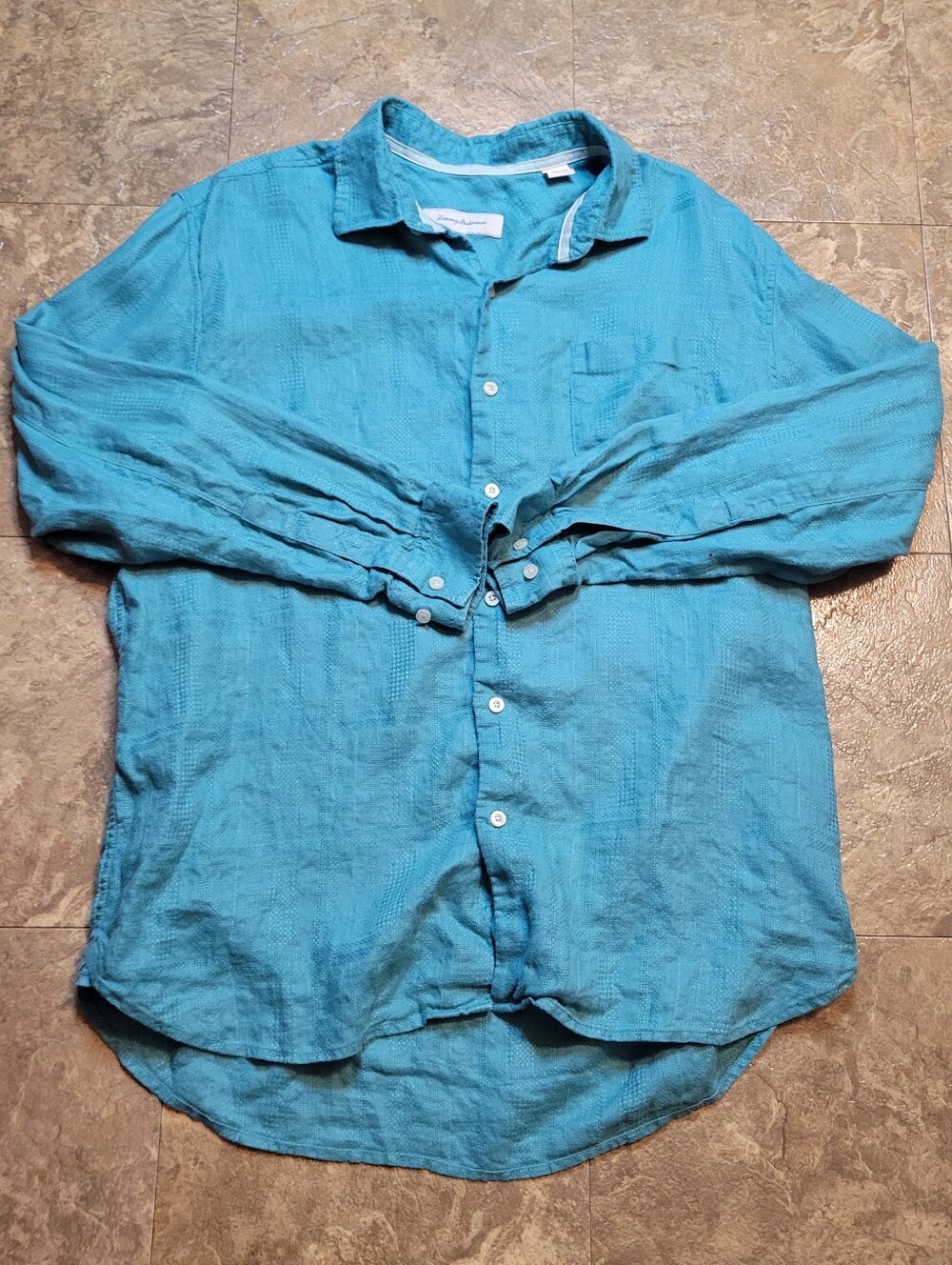 Tommy Bahama Linen Shirt Mens XL Teal Blue Button Up Long Sleeve Vacation Summer